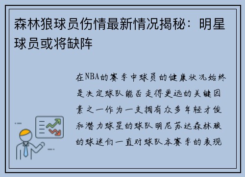 森林狼球员伤情最新情况揭秘：明星球员或将缺阵