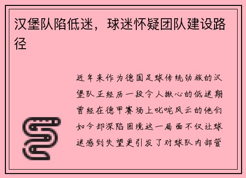 汉堡队陷低迷，球迷怀疑团队建设路径